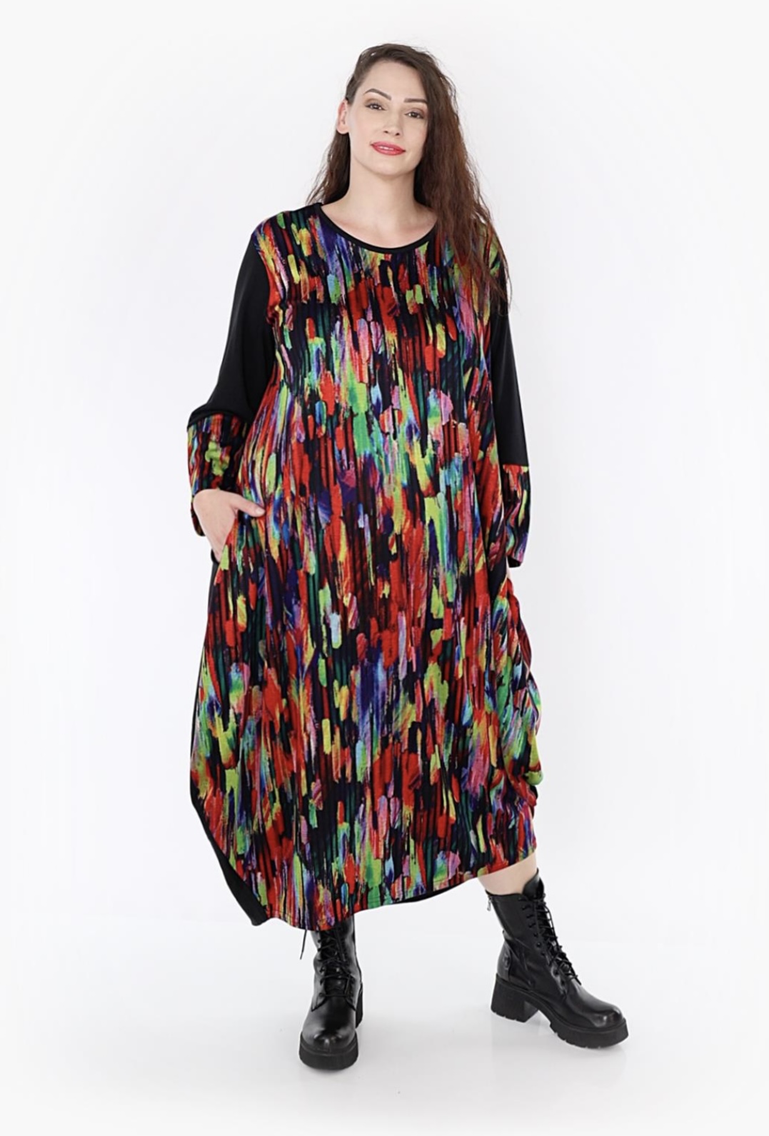 AKH oversized viscose mix ballon jurk apart stretch zwart/multicolor