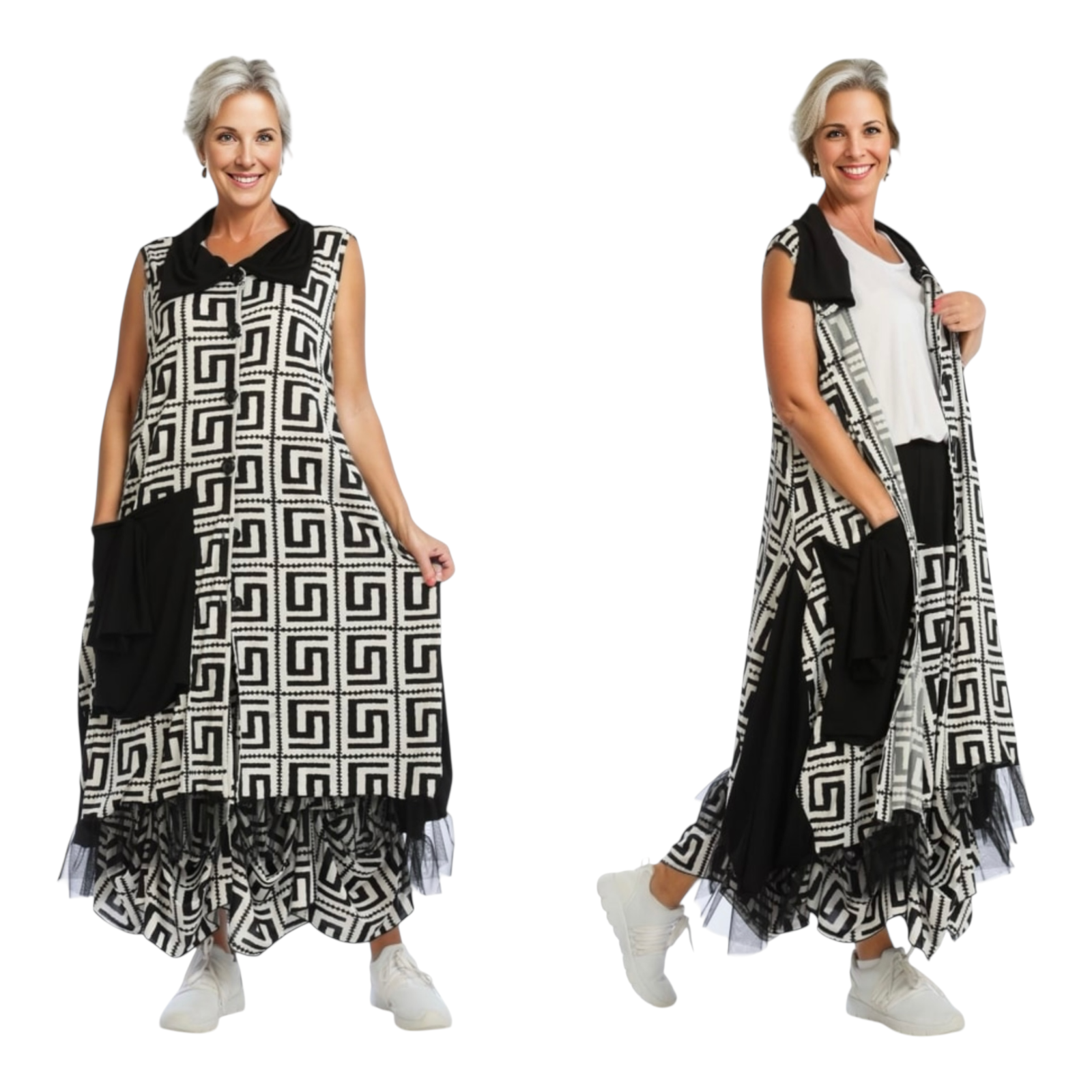 AKH viscose A-lijn jurk apart stretch/zwart/wit
