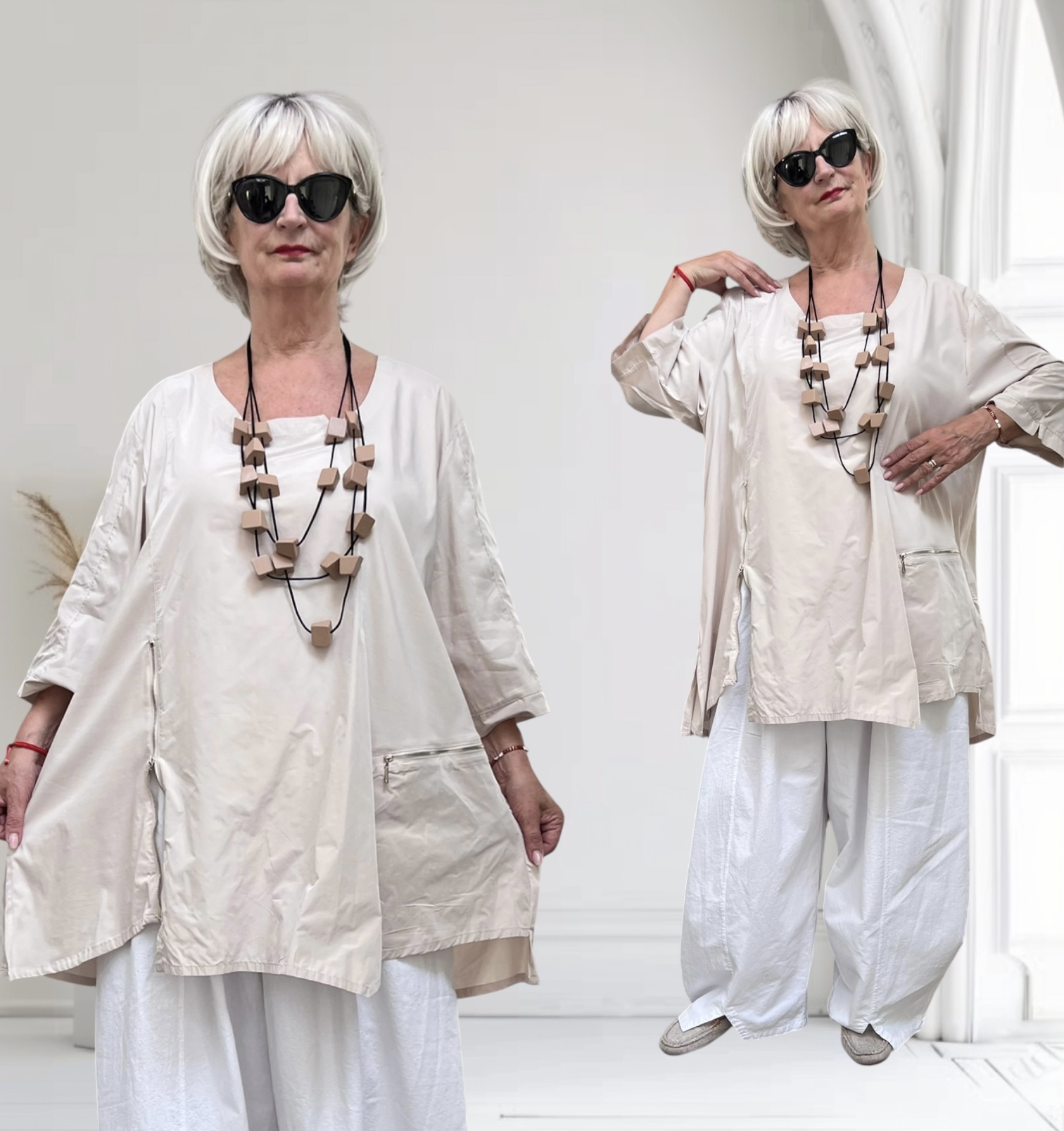 SINNE design.. A- lijn viscose tuniek met rits en taft /stretch