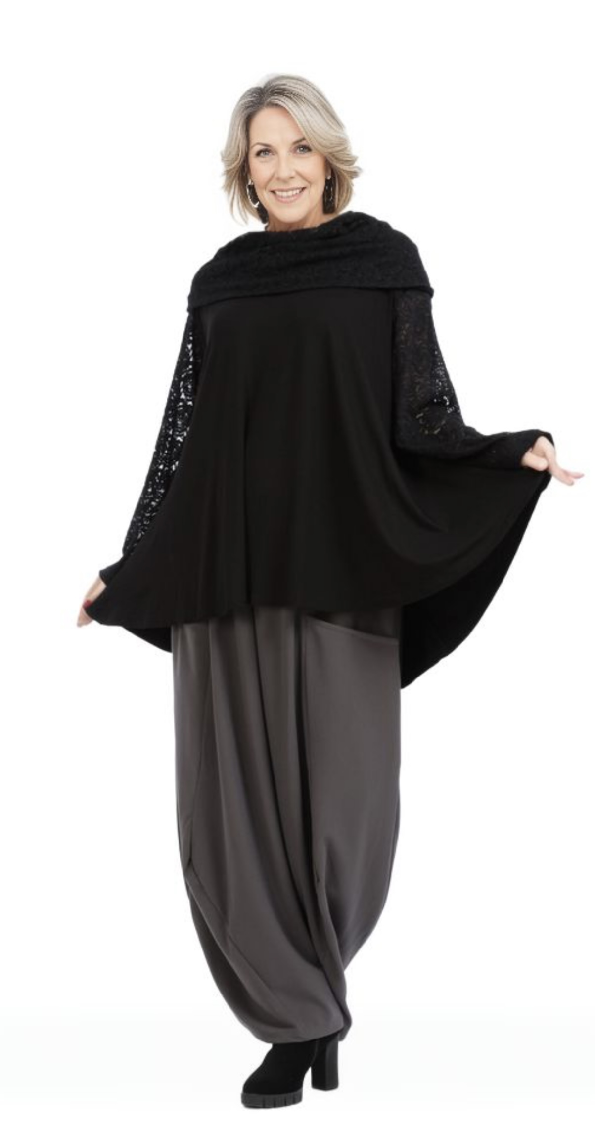 AKH oversized viscose jersey  A-lijn tuniek met col/apart/kant/ stretch zwart stretch