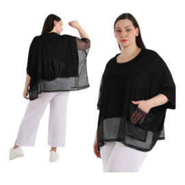 AKH oversized viscose top/tuniek met inzet van tule/apart stretch  zwart