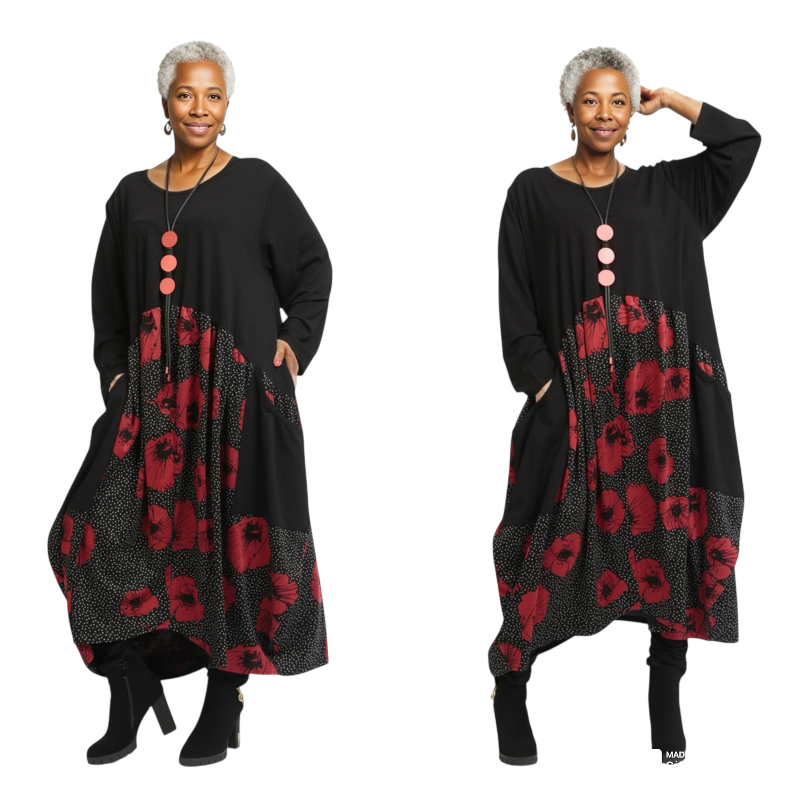 AKH oversized viscose mix A-lijn jurk apart stretch zwart/rood