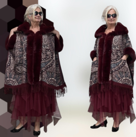 ITALIA viscose gebreid boho poncho met bont