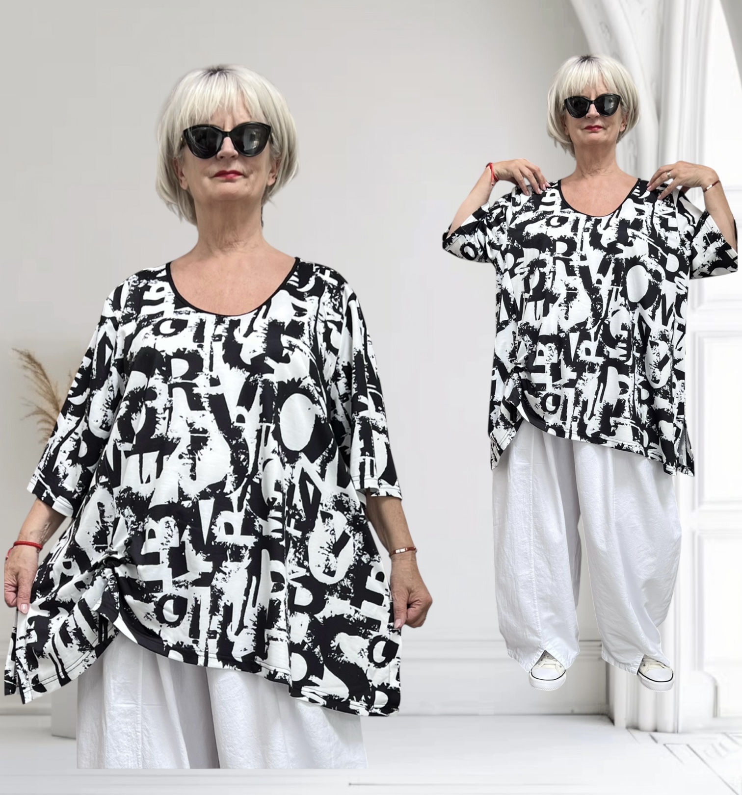 SINNE design.. A- lijn viscose/katoen top/tuniek stretch zwart/wit