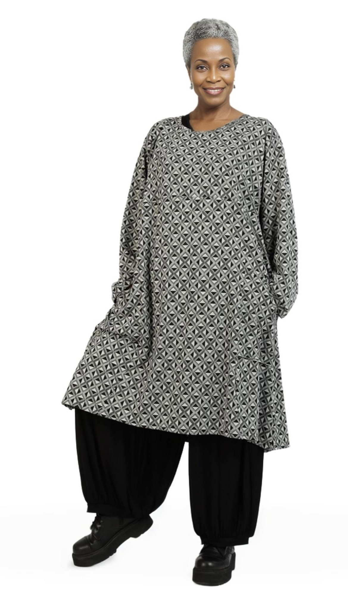 AKH oversized viscose mix jurk/tuniek apart stretch zwart/grijs