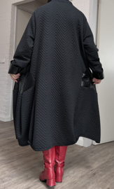 Moonshine viscose  A-lijn jas met inzet van eco leder /zwart , stretch/ gevoerd/apart