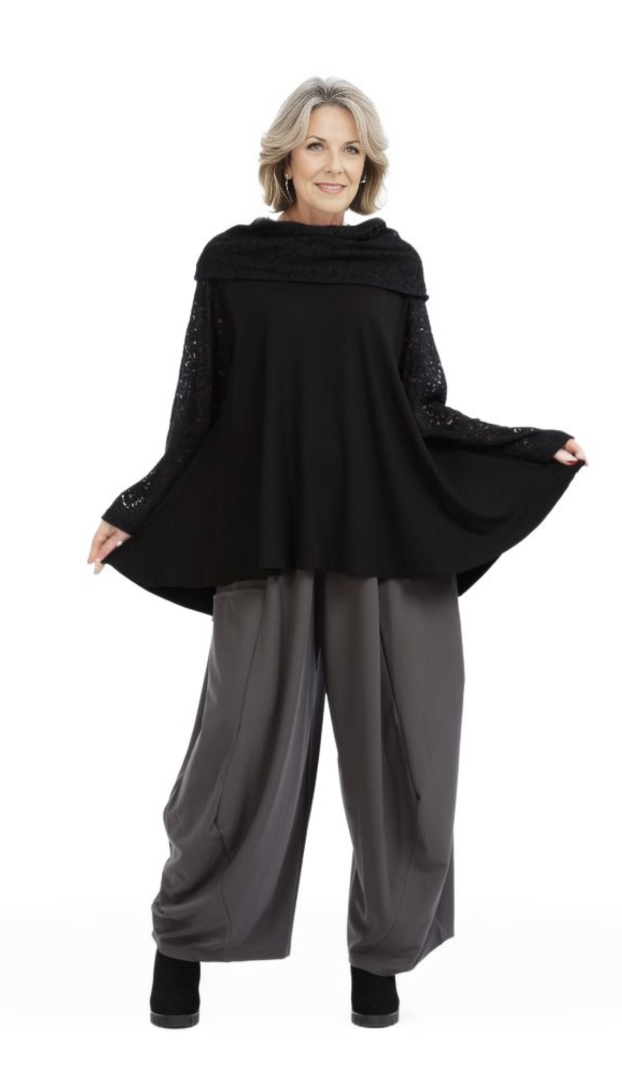 AKH oversized viscose jersey  A-lijn tuniek met col/apart/kant/ stretch zwart stretch