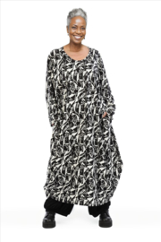 AKH oversized viscose mix ballon jurk apart stretch zwart /wit