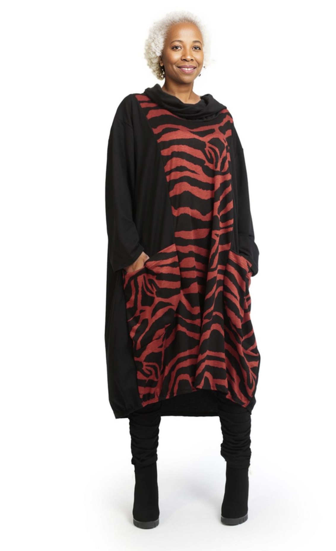 AKH oversized viscose mix jurk/tuniek apart stretch zwart/rood