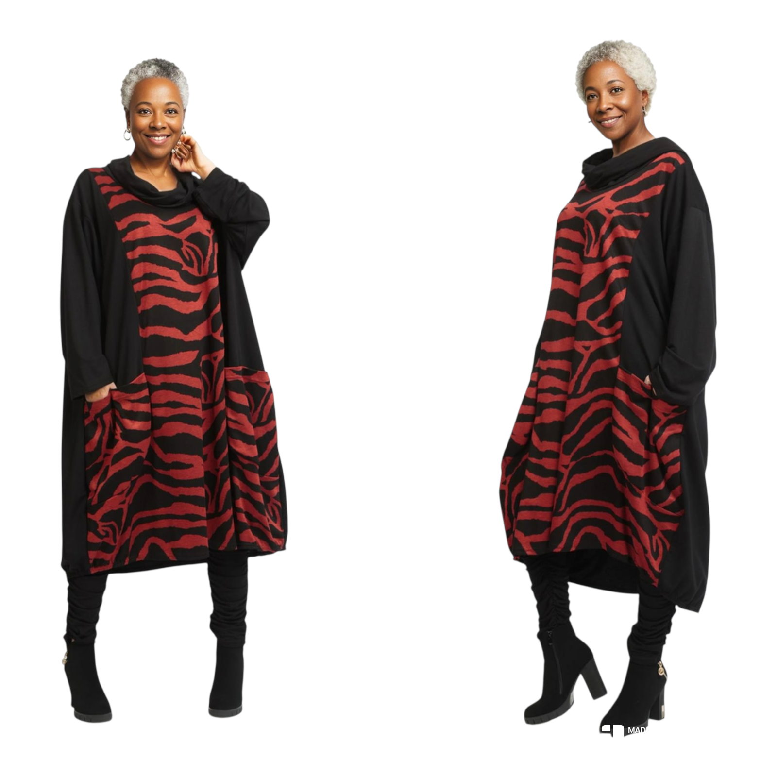 AKH oversized viscose mix jurk/tuniek apart stretch zwart/rood