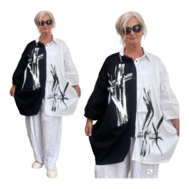 IZZY Style katoen ballon tuniek/blouse met zakken /stretch wit/zwart