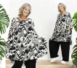 AKH oversized viscose A-lijn tuniek met zakken apart stretch zwart/wit