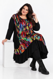 AKH oversized viscose mix A-lijn jurk apart stretch zwart/multicolor