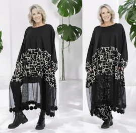 AKH oversized jersey viscose  A-lijn jurk met inzet van tule apart zwart/grijs stretch