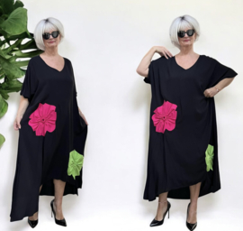 CN-G viscose A-lijn jurk met bloemen applicaties zwart