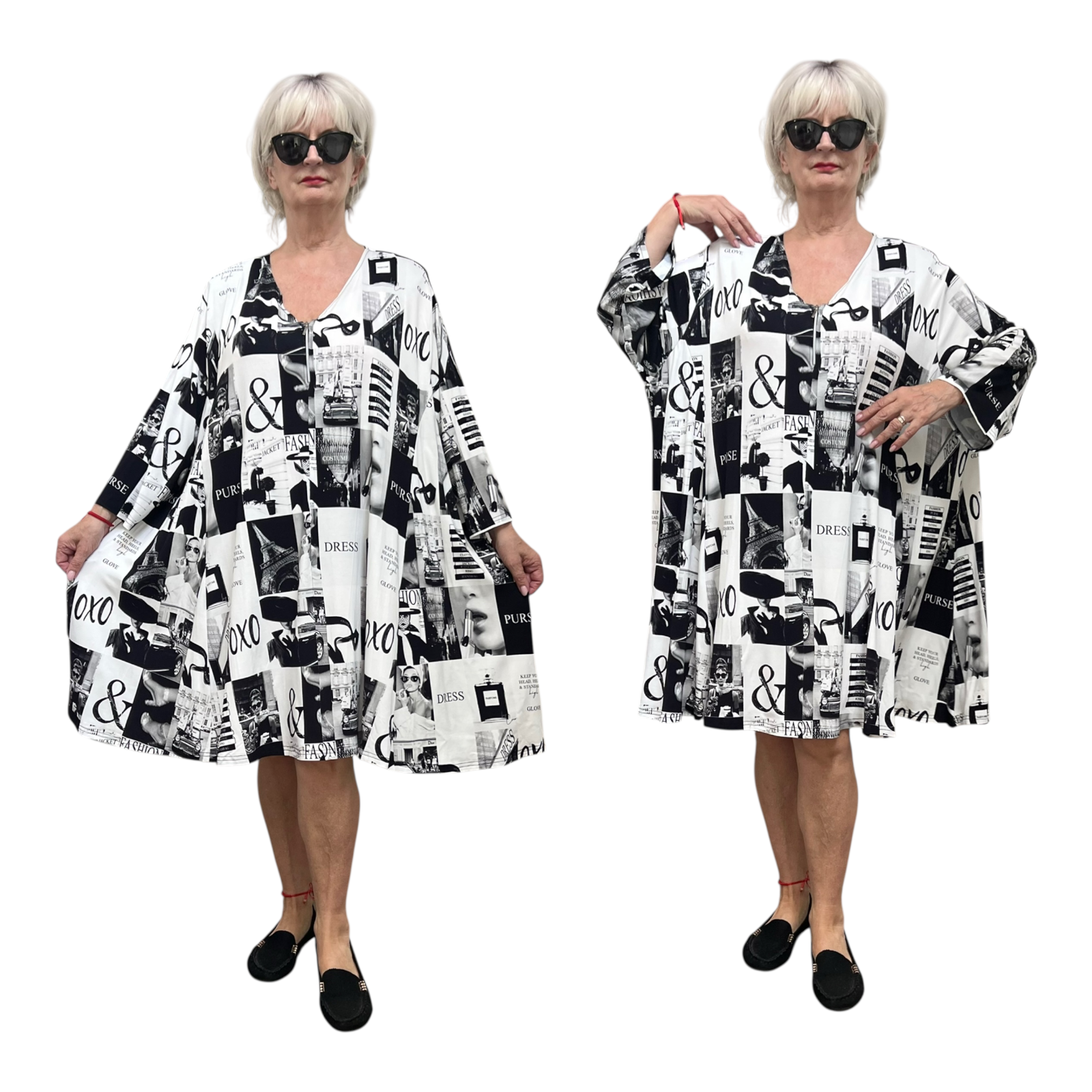 New Jersey oversized viscose A-lijn jurk/tuniek met korte rits / stretch zwart/wit