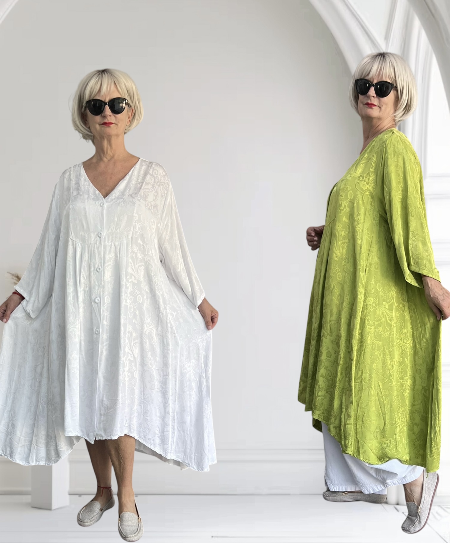 MB Germany satijn/viscose A-lijn jurk/blouse  met zakken/in meerdere kleuren