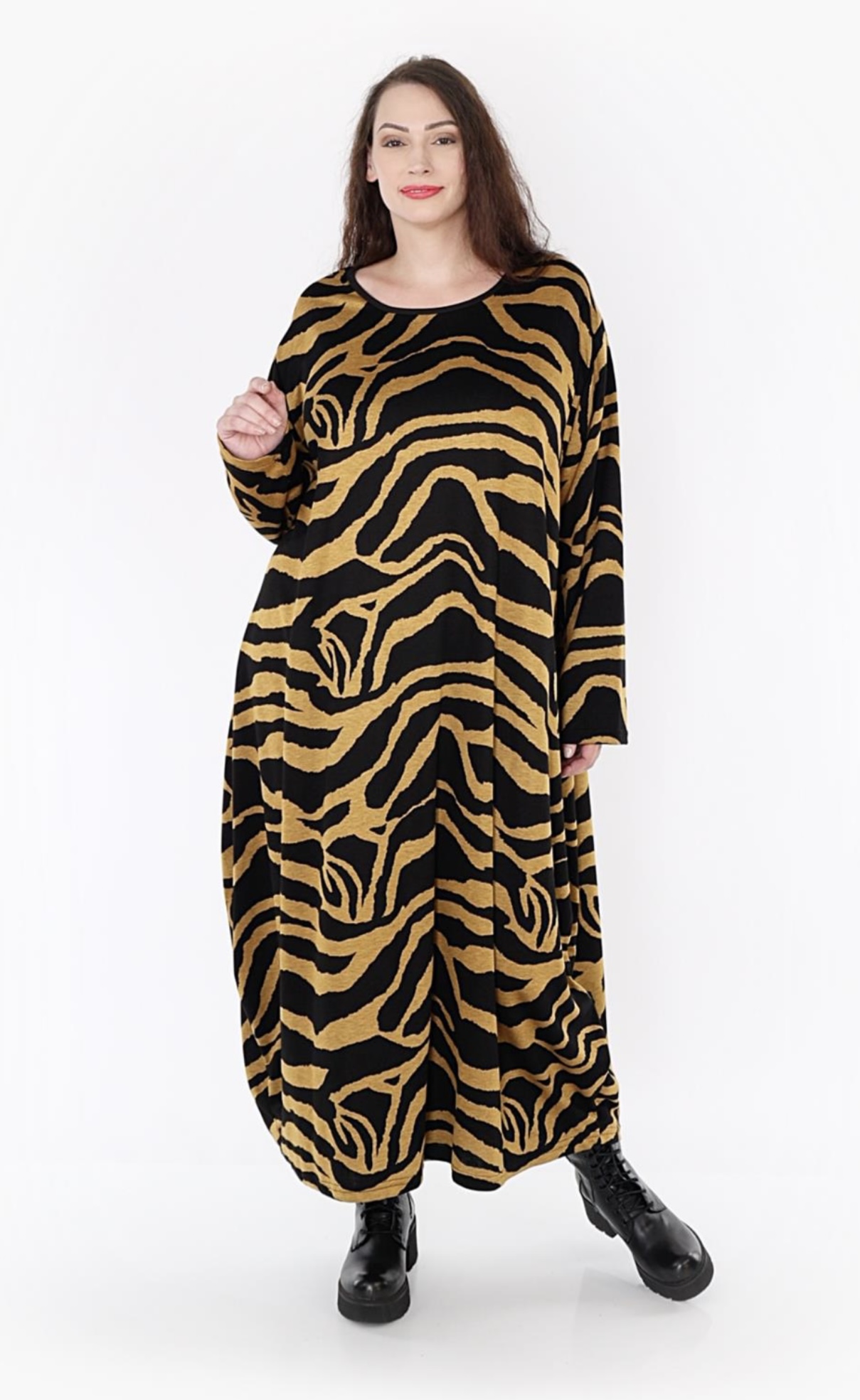 AKH oversized viscose mix jurk apart stretch zwart/geel