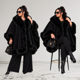 ITALIA MODA gebreid super zacht omslagdoek/poncho met bont/zwart
