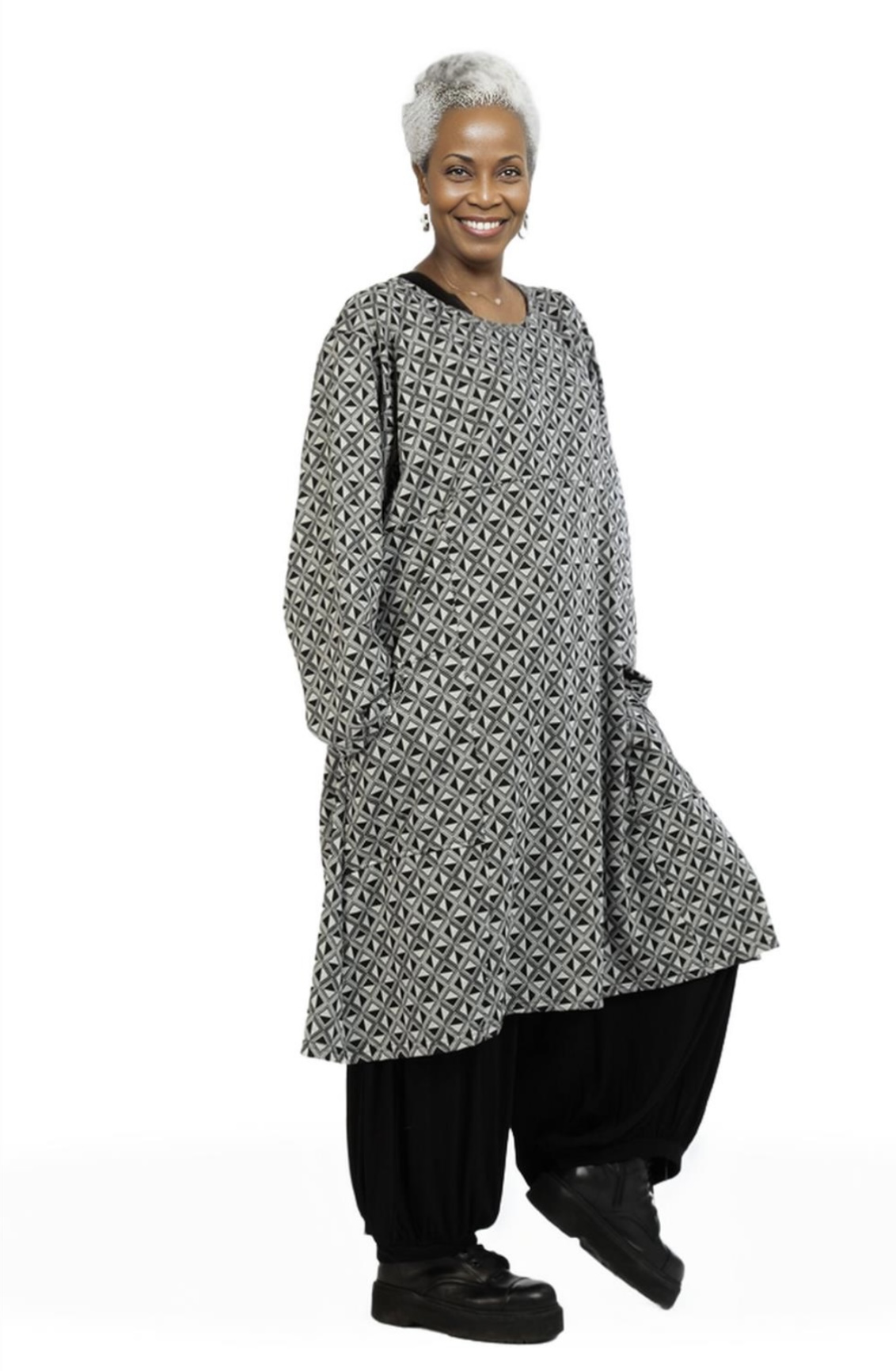 AKH oversized viscose mix jurk/tuniek apart stretch zwart/grijs