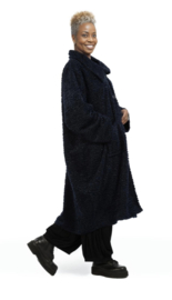 AKH oversized lange ballonvorm glanzendet gekrulde bont winterjas donkerblauw 