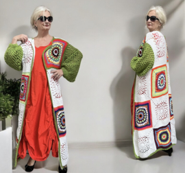 AGE oversized  acryl lotusbloemen patchwork lange vest, handgemaakt