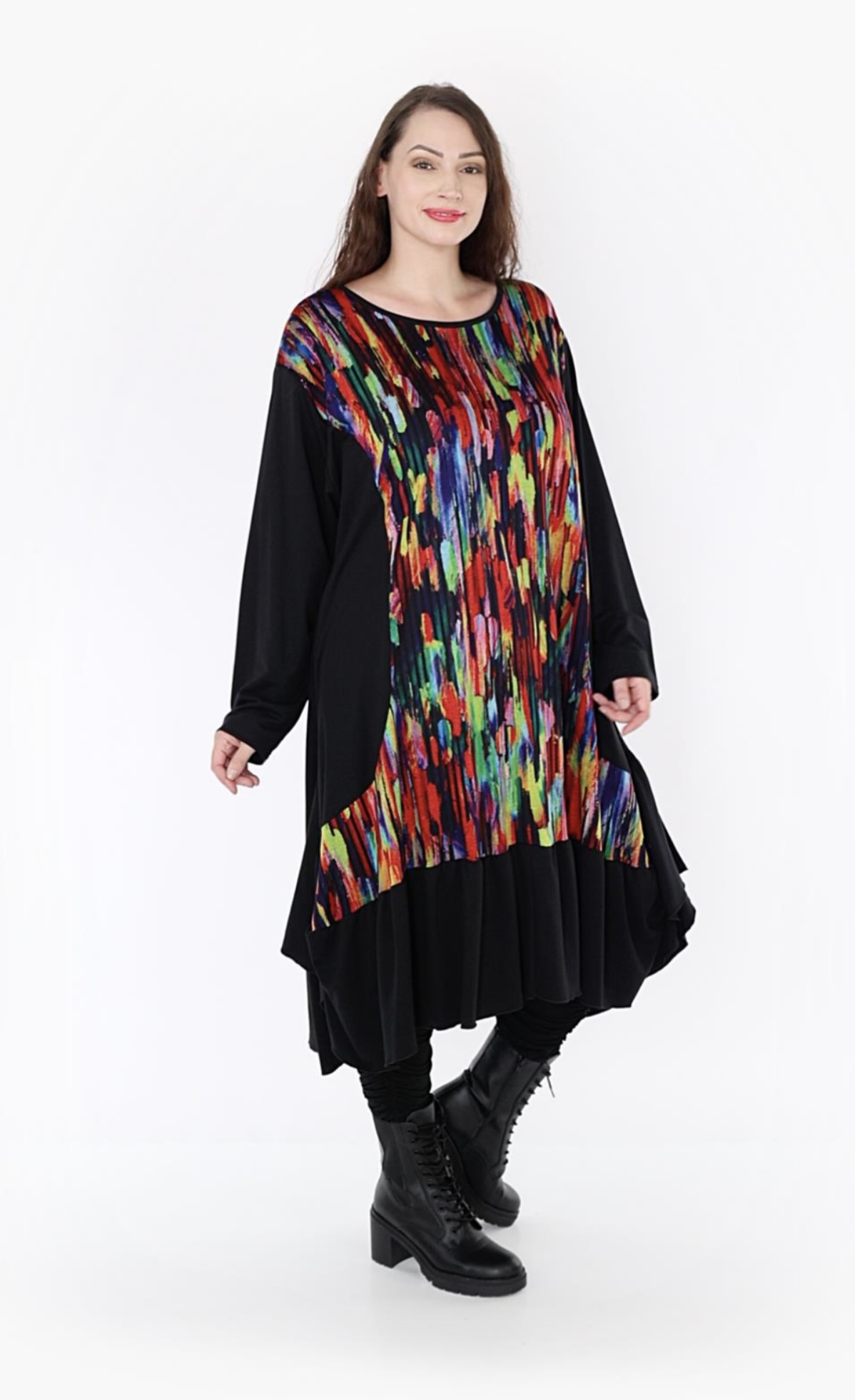 AKH oversized viscose mix A-lijn jurk apart stretch zwart/multicolor