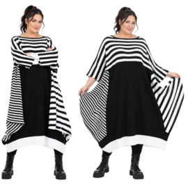 AKH oversized gebreide A-lijn tuniek/jurk  apart stretch zwart/wit