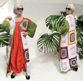 AGE oversized  acryl lotusbloemen patchwork lange vest, handgemaakt