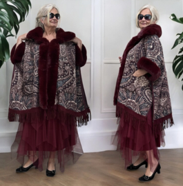 ITALIA viscose gebreid boho poncho met bont