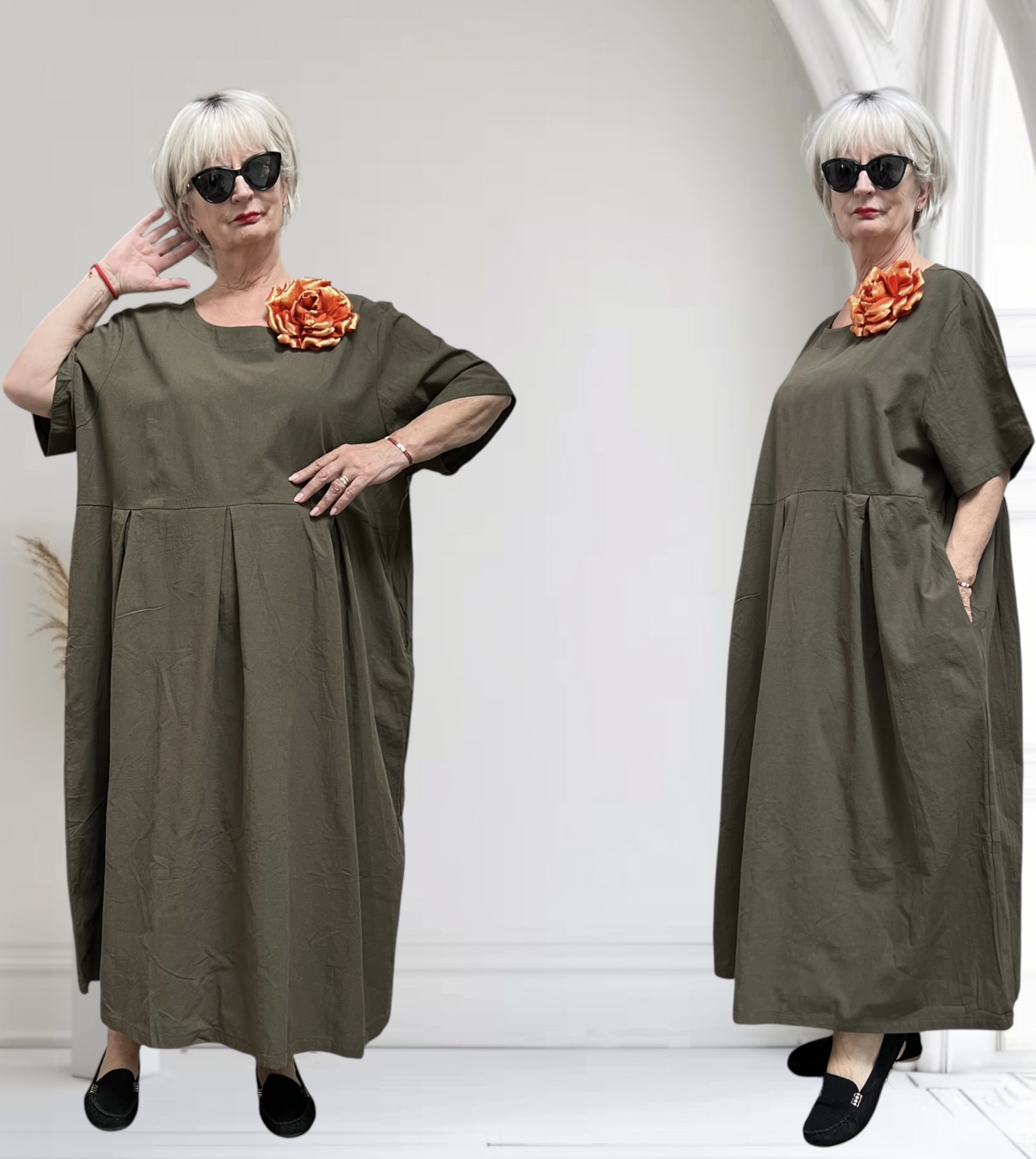 ITALIA  MODA  linnen/viscose  wijde jurk met broche apart