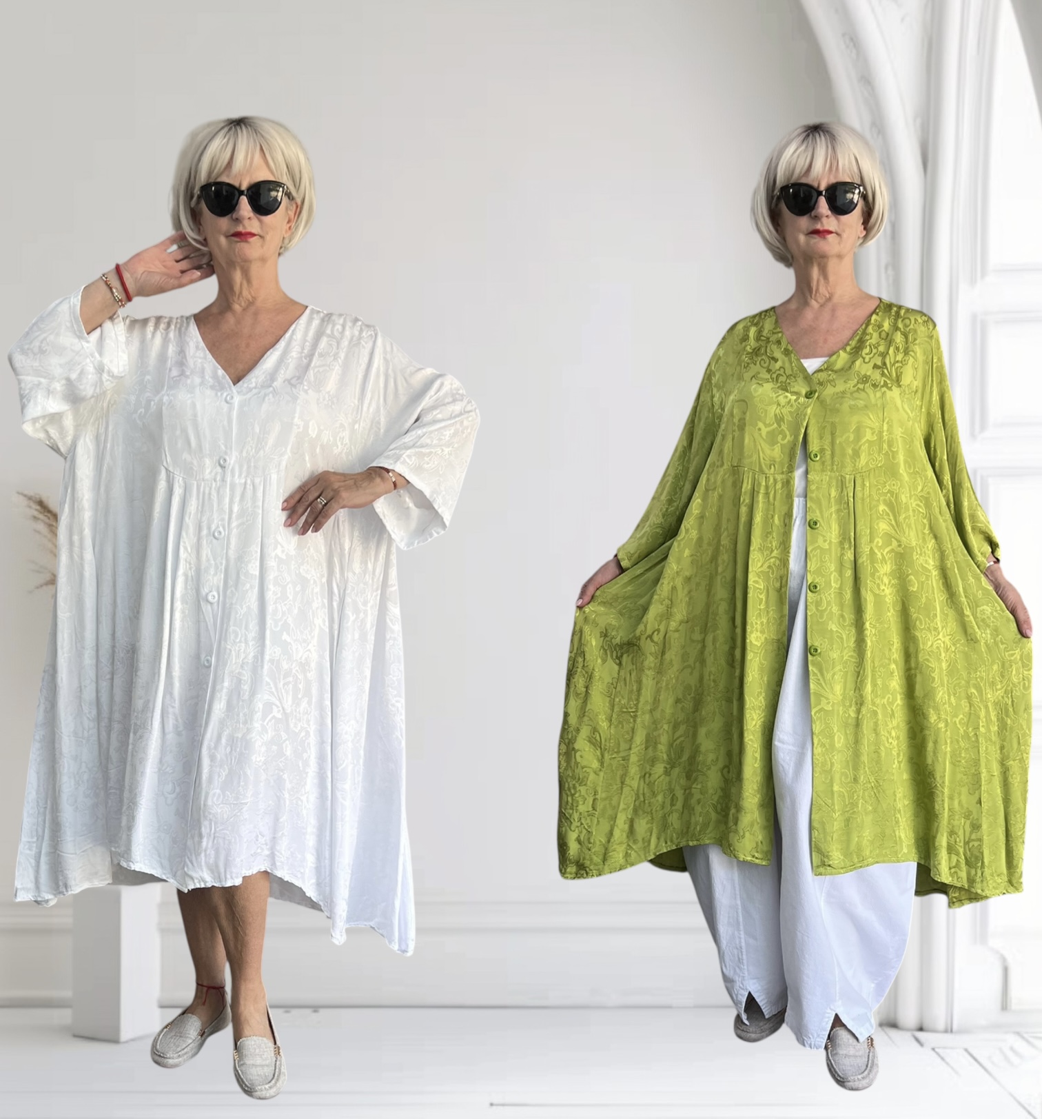MB Germany satijn/viscose A-lijn jurk/blouse  met zakken/in meerdere kleuren
