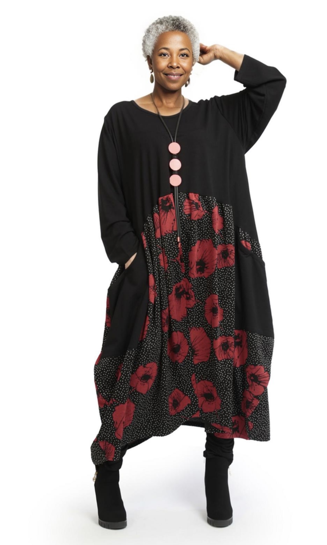 AKH oversized viscose mix A-lijn jurk apart stretch zwart/rood