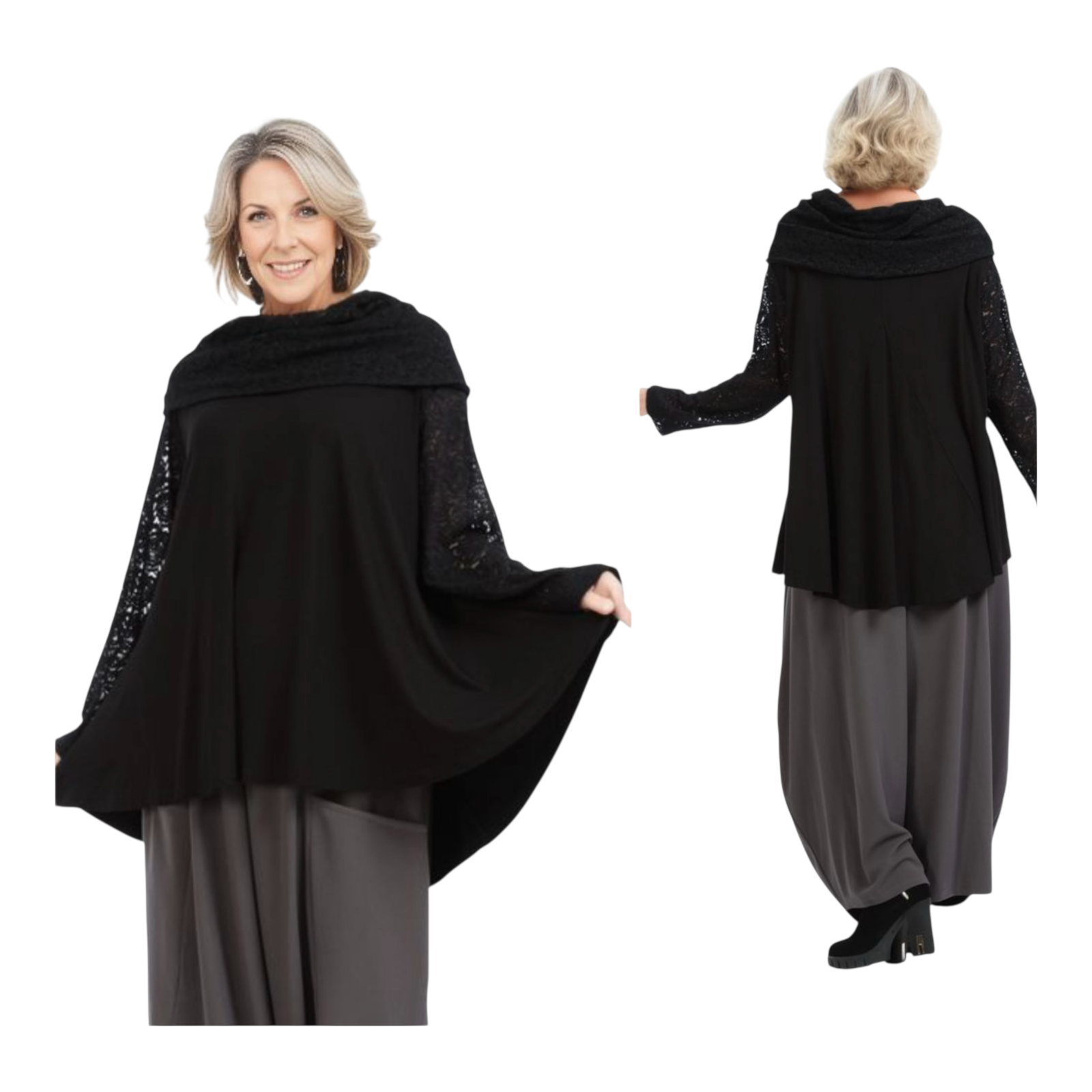 AKH oversized viscose jersey  A-lijn tuniek met col/apart/kant/ stretch zwart stretch