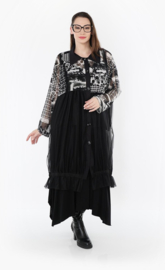 AKH oversized viscose/katoen blouse met inzet van tule apart stretch /zwart/wit