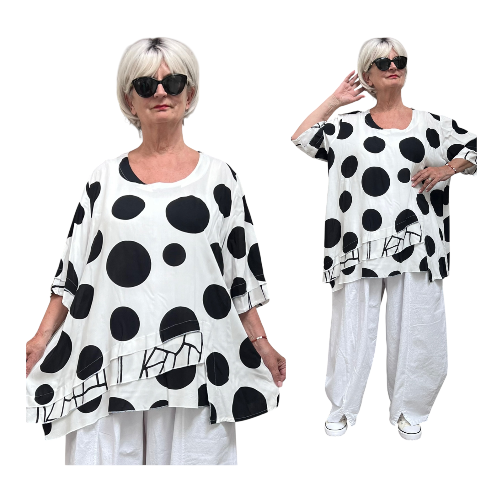 SINNE design.. A- lijn viscose tuniek wit/zwart