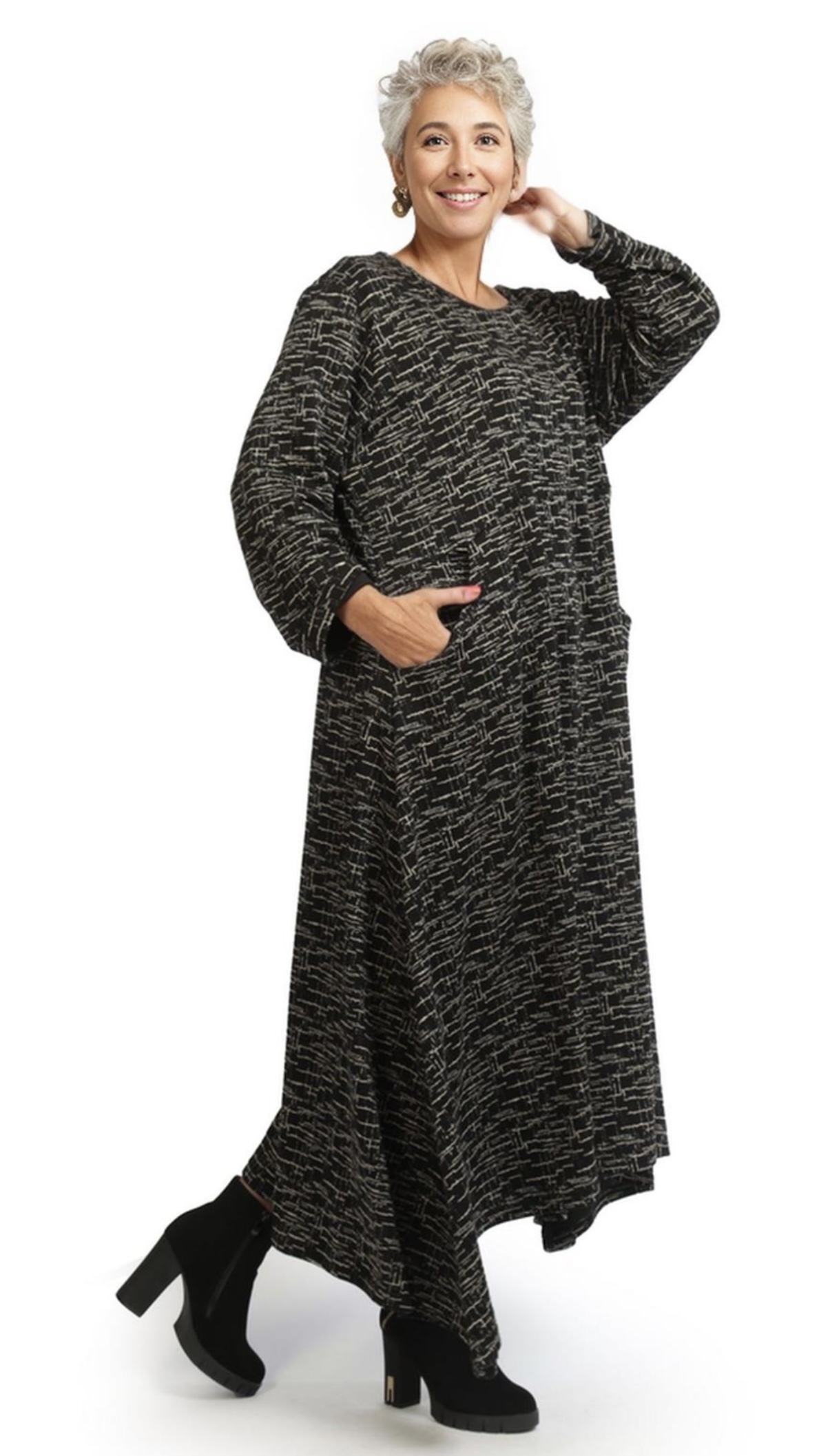 AKH oversized viscose mix A-lijn jurk apart stretch zwart/ecru