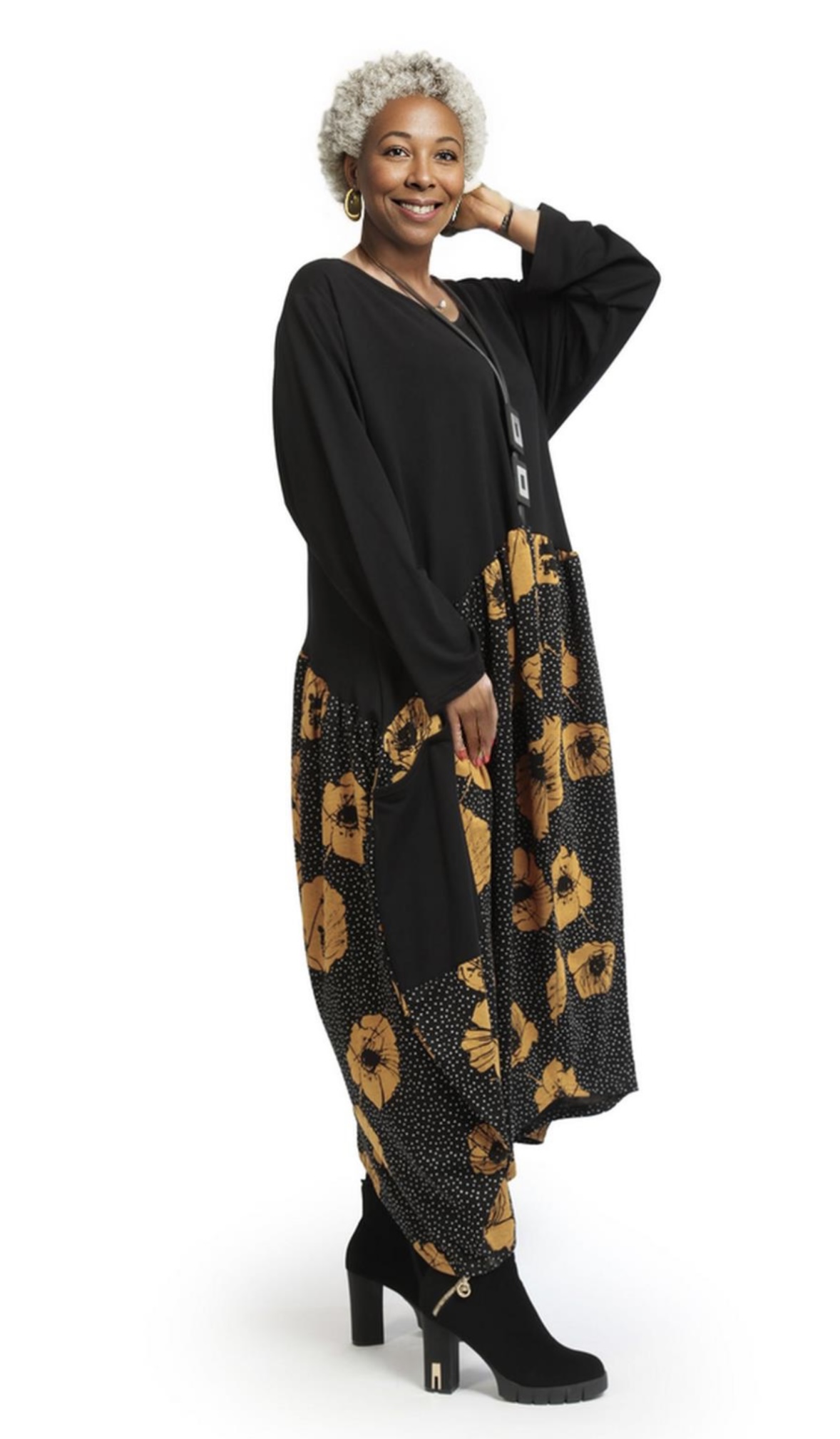 AKH oversized viscose mix tuniek apart stretch zwart/geel