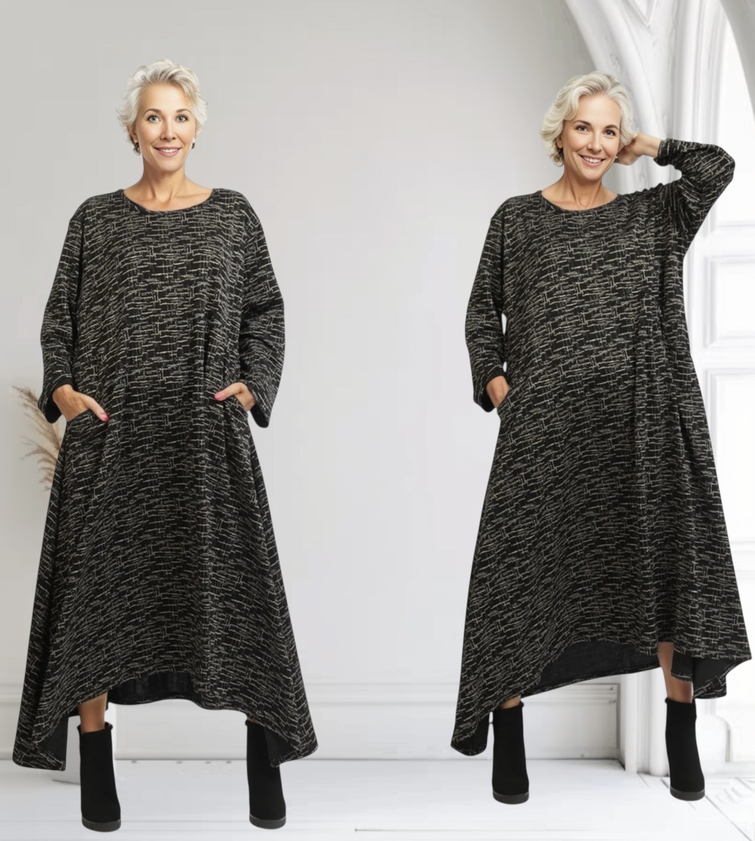 AKH oversized viscose mix A-lijn jurk apart stretch zwart/ecru