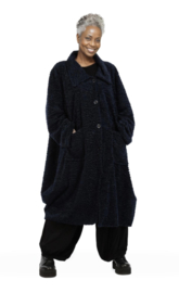 AKH oversized lange ballonvorm glanzendet gekrulde bont winterjas donkerblauw 