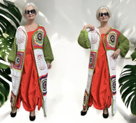 AGE oversized  acryl lotusbloemen patchwork lange vest, handgemaakt