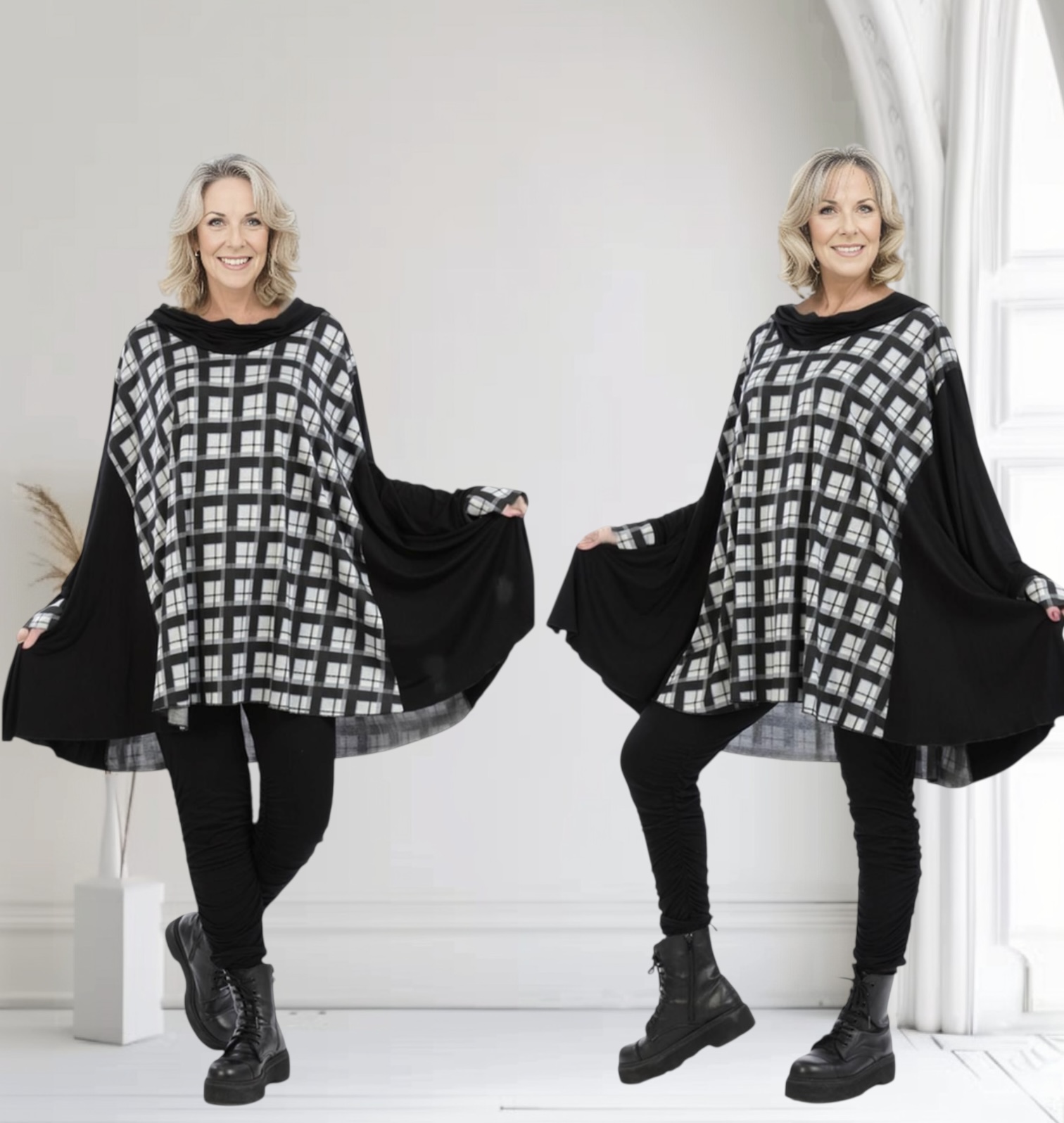 AKH oversized viscose tuniek apart stretch zwart/grijs