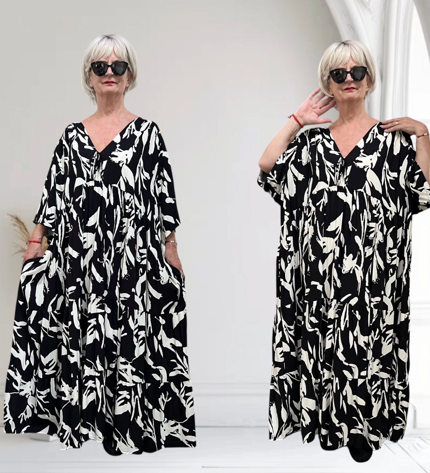 Vincenzo Allocca oversized viscose  BOHO A-lijn jurk apart zwart/wit