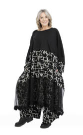 AKH oversized jersey viscose  A-lijn jurk met inzet van tule apart zwart/grijs stretch