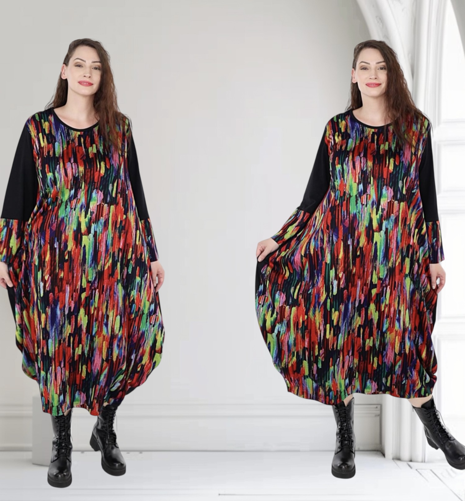 AKH oversized viscose mix ballon jurk apart stretch zwart/multicolor