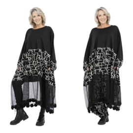 AKH oversized jersey viscose  A-lijn jurk met inzet van tule apart zwart/grijs stretch