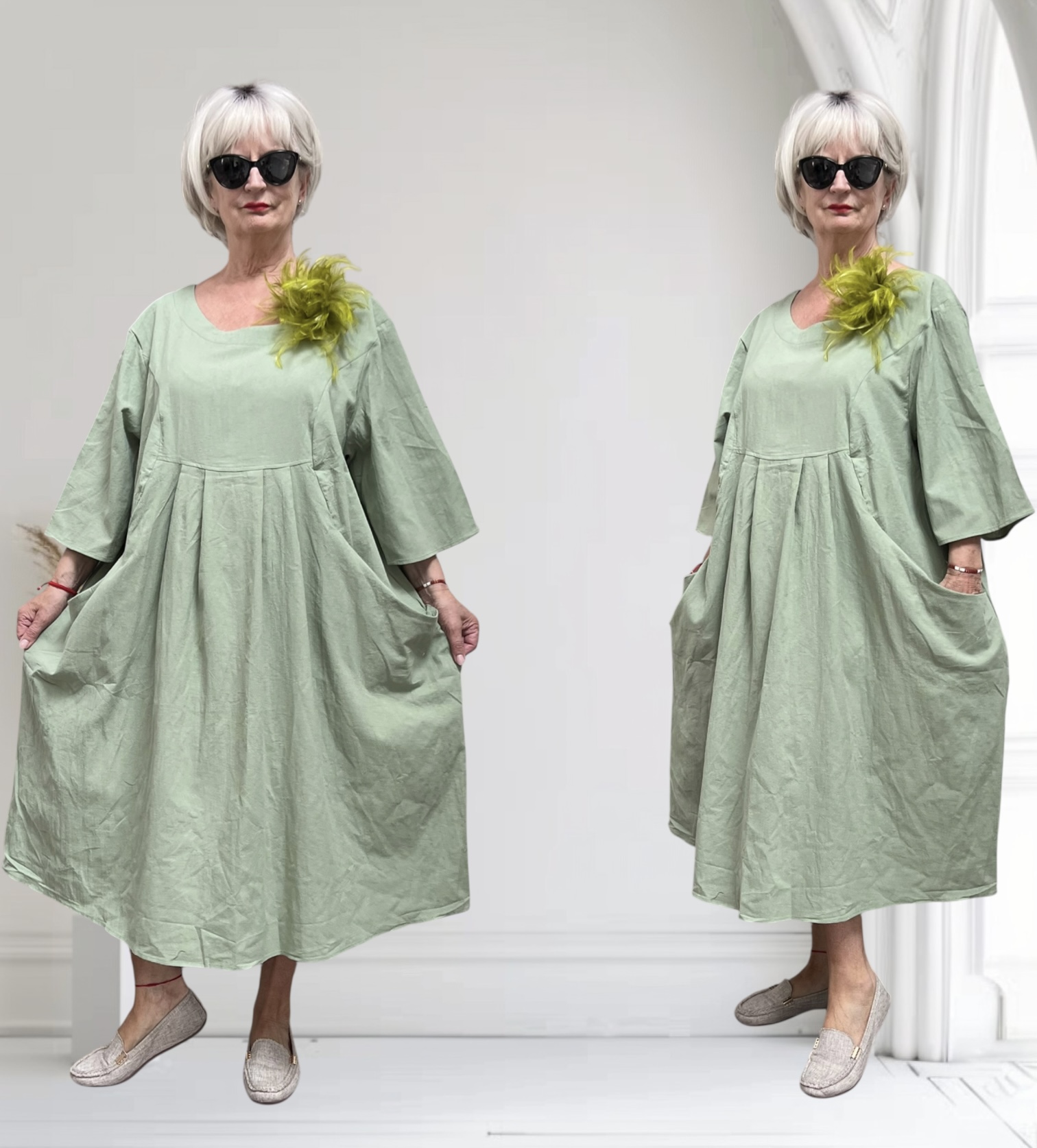 ITALIA  MODA  katoen wijde jurk met broche apart