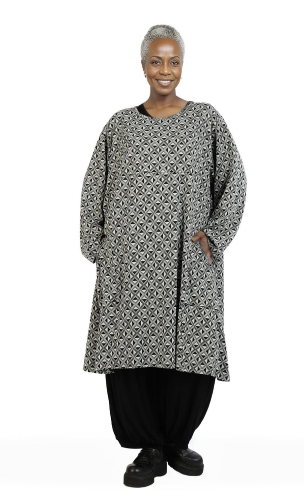 AKH oversized viscose mix jurk/tuniek apart stretch zwart/grijs