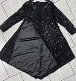 ITALIA Style  A-lijn jurk/tuniek met pailletten en eco leder/zwart /stretch