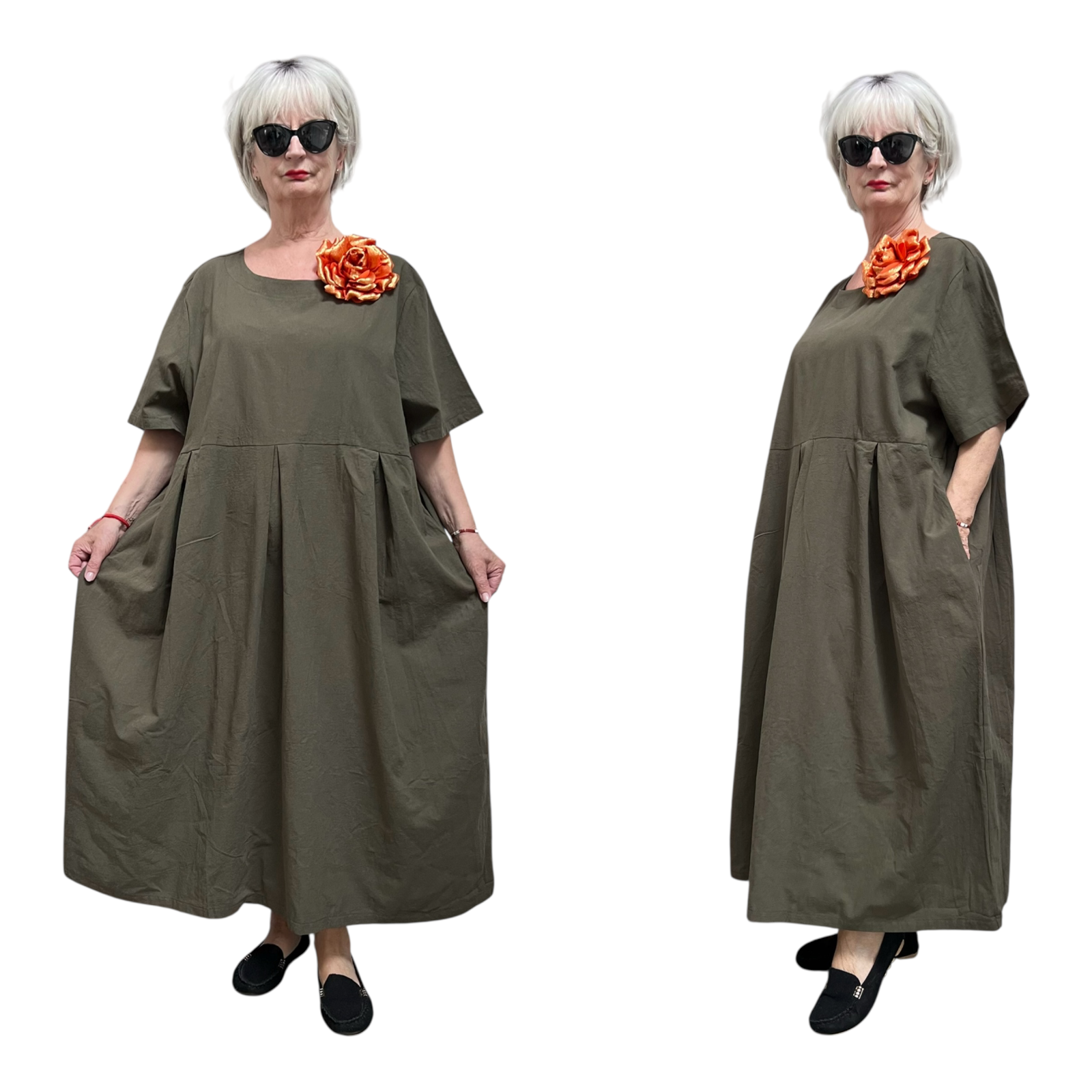 ITALIA  MODA  linnen/viscose  wijde jurk met broche apart
